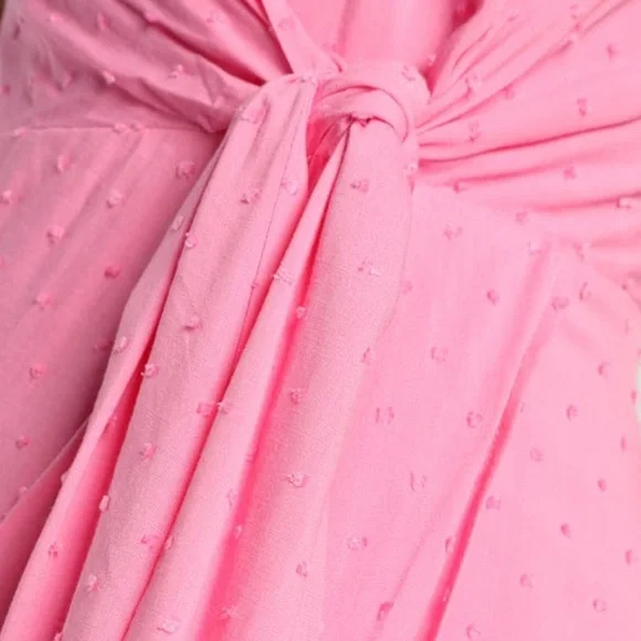 NWT Pink Swiss Dot Tie-Front Tulip Midi Dress - Picture 5 of 5